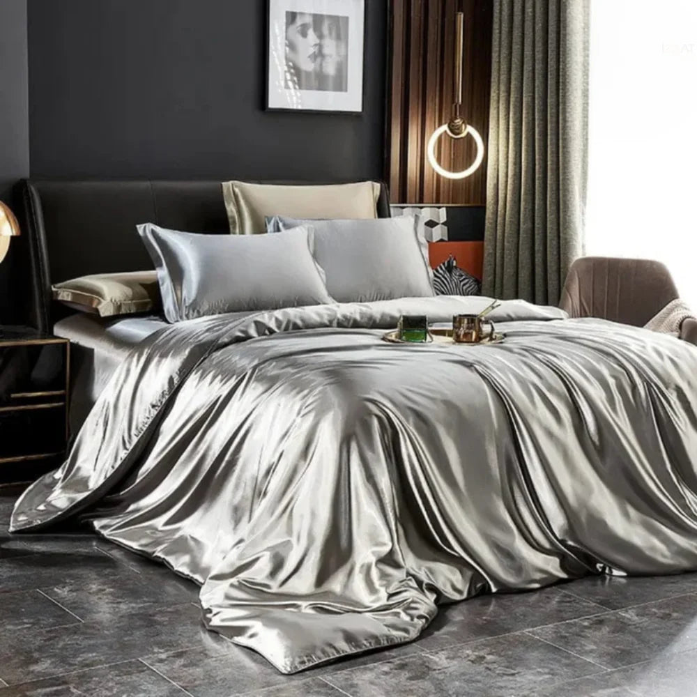 Conjunto De Cama Em Seda 4 Peças - Tazzi Prata / Casal (180X220Cm)